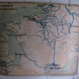 Ancienne carte scolaire de géographie France voies navigables aviation TSF par Gibert