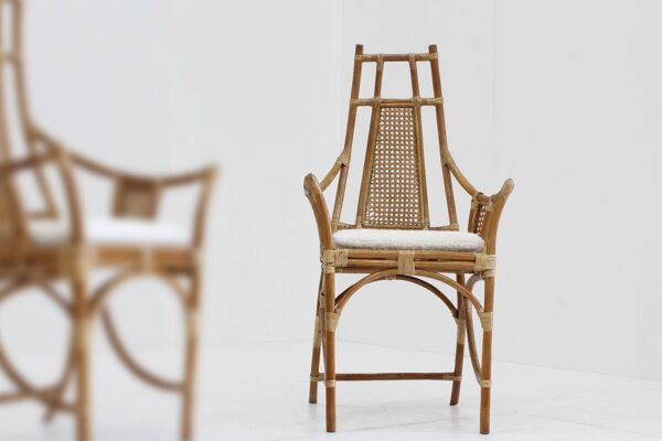 Fauteuils vintage en bambou et rotin avec coussins bouclés, années 1970, lot de 2