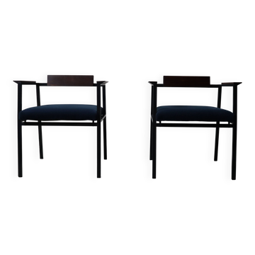Pair of Postmodern armchairs in steel and mahogany, 1970s