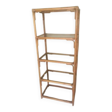 Vintage rattan and smoked glass shelf, 5 tiers.
