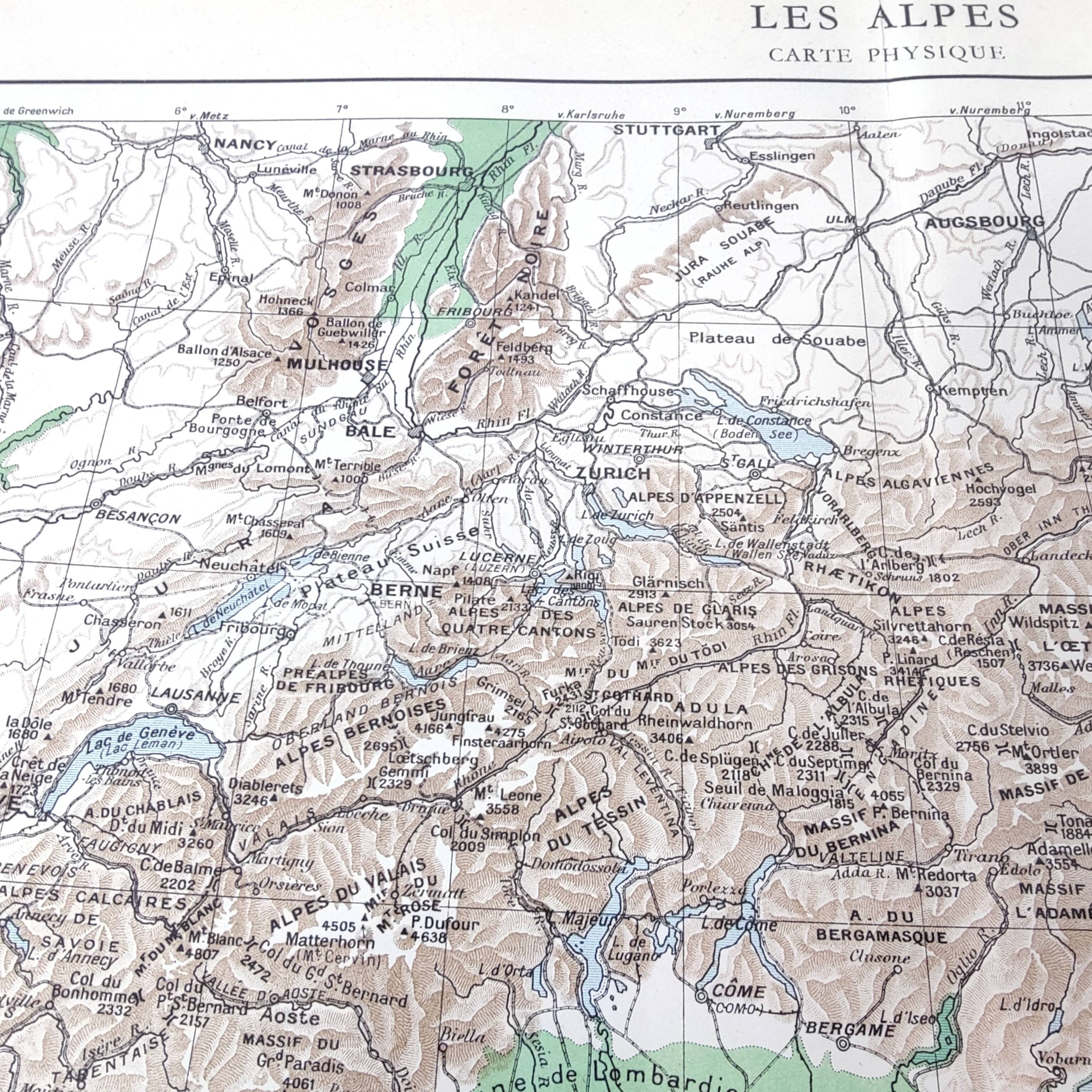 Vintage Europe Alps mountains map from 1950