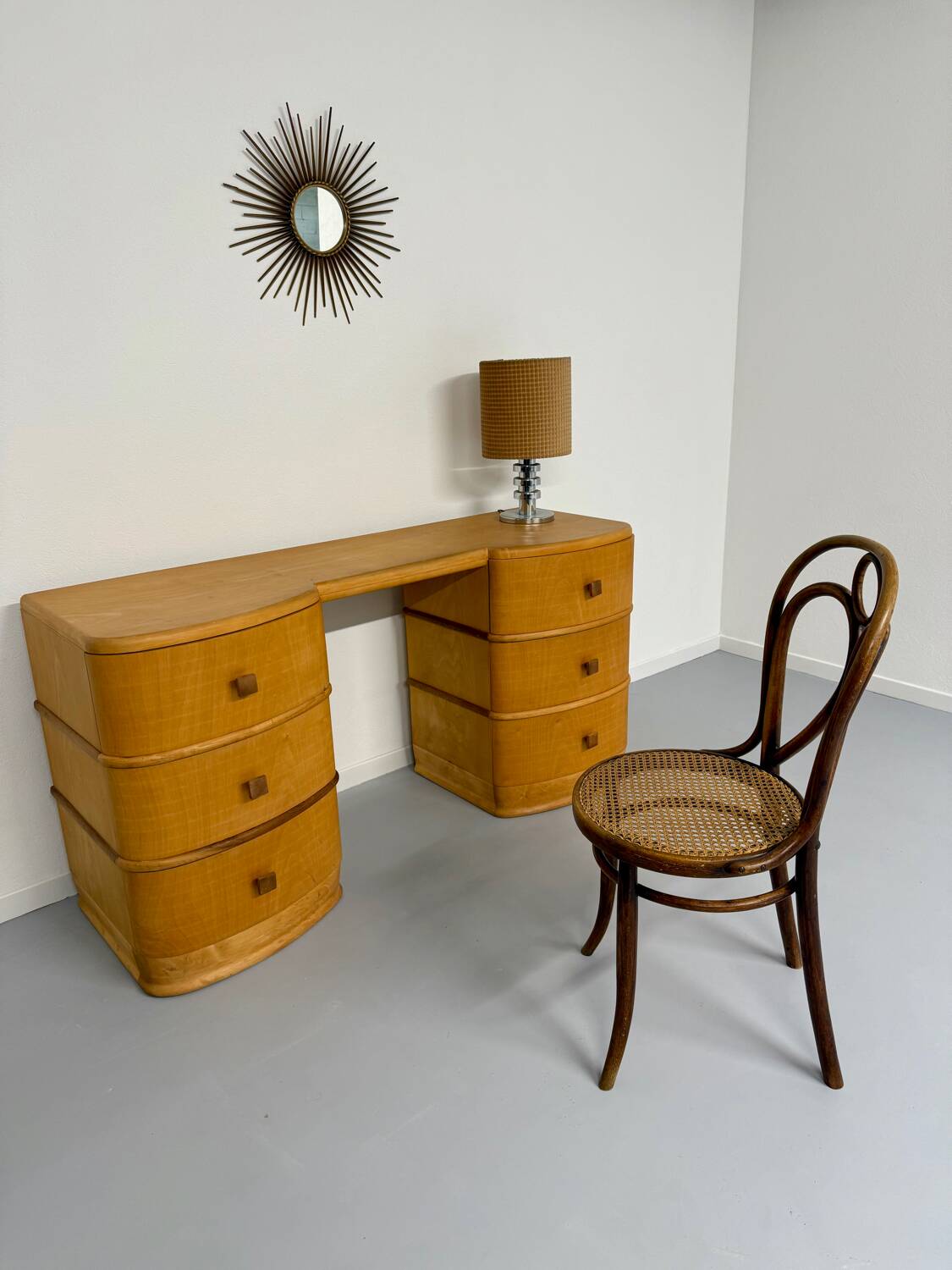 Old beech desk in art deco style with drawer, vintage 60s