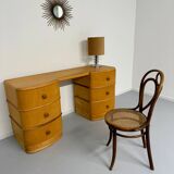 Old beech desk in art deco style with drawer, vintage 60s