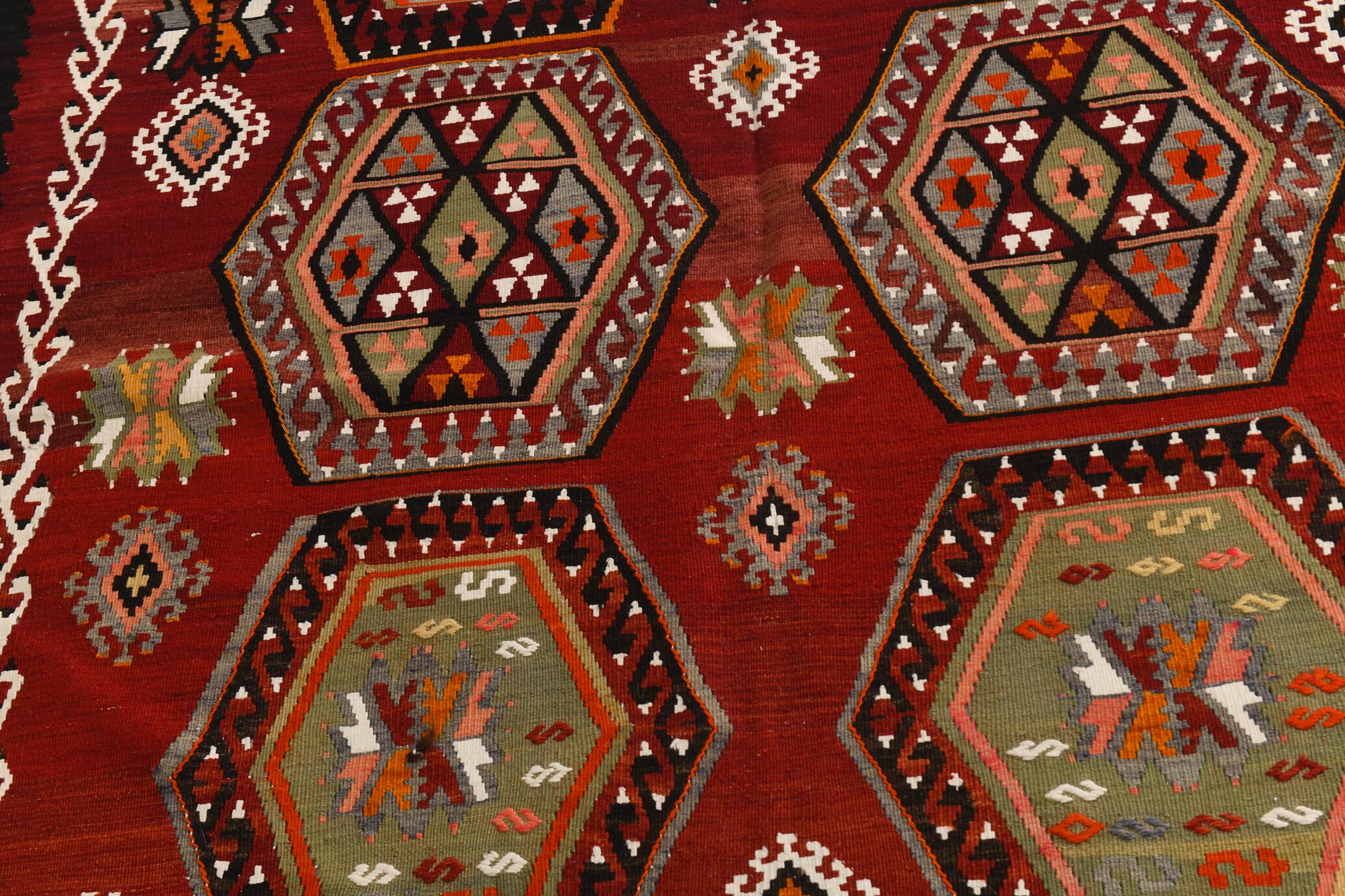 6x15 Wine Red & Green Vintage Kilim Rug, 198x468Cm