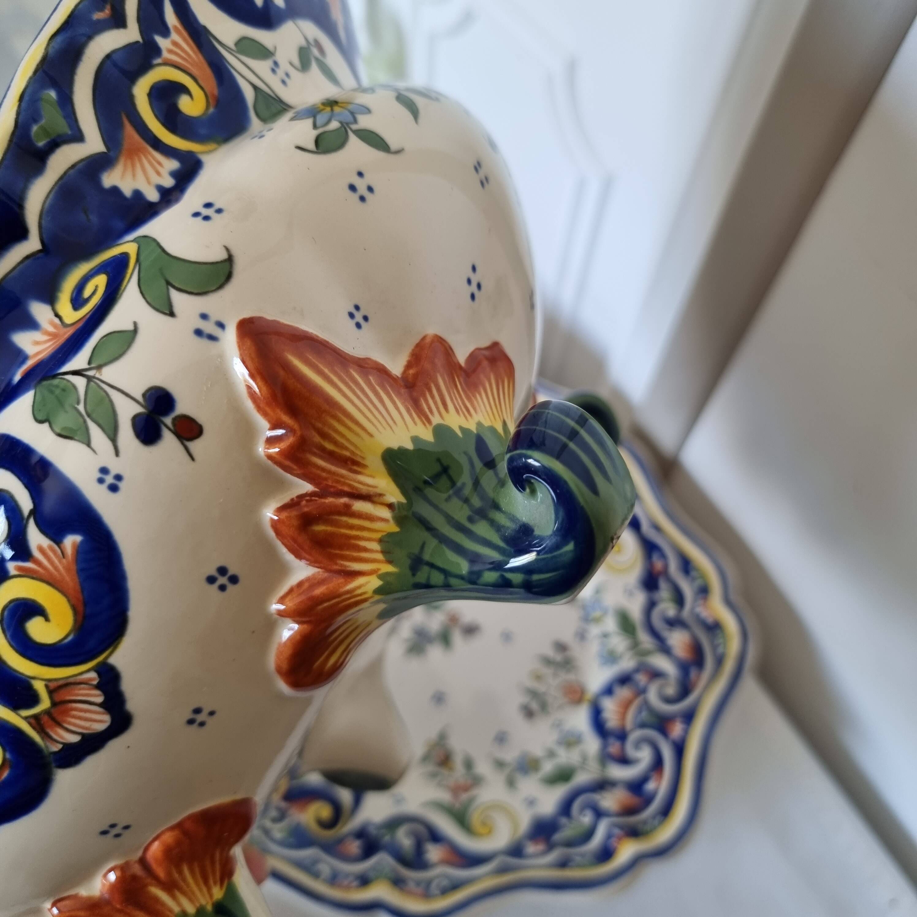 Vintage Rouen porcelain soup tureen with underplate, hand-painted