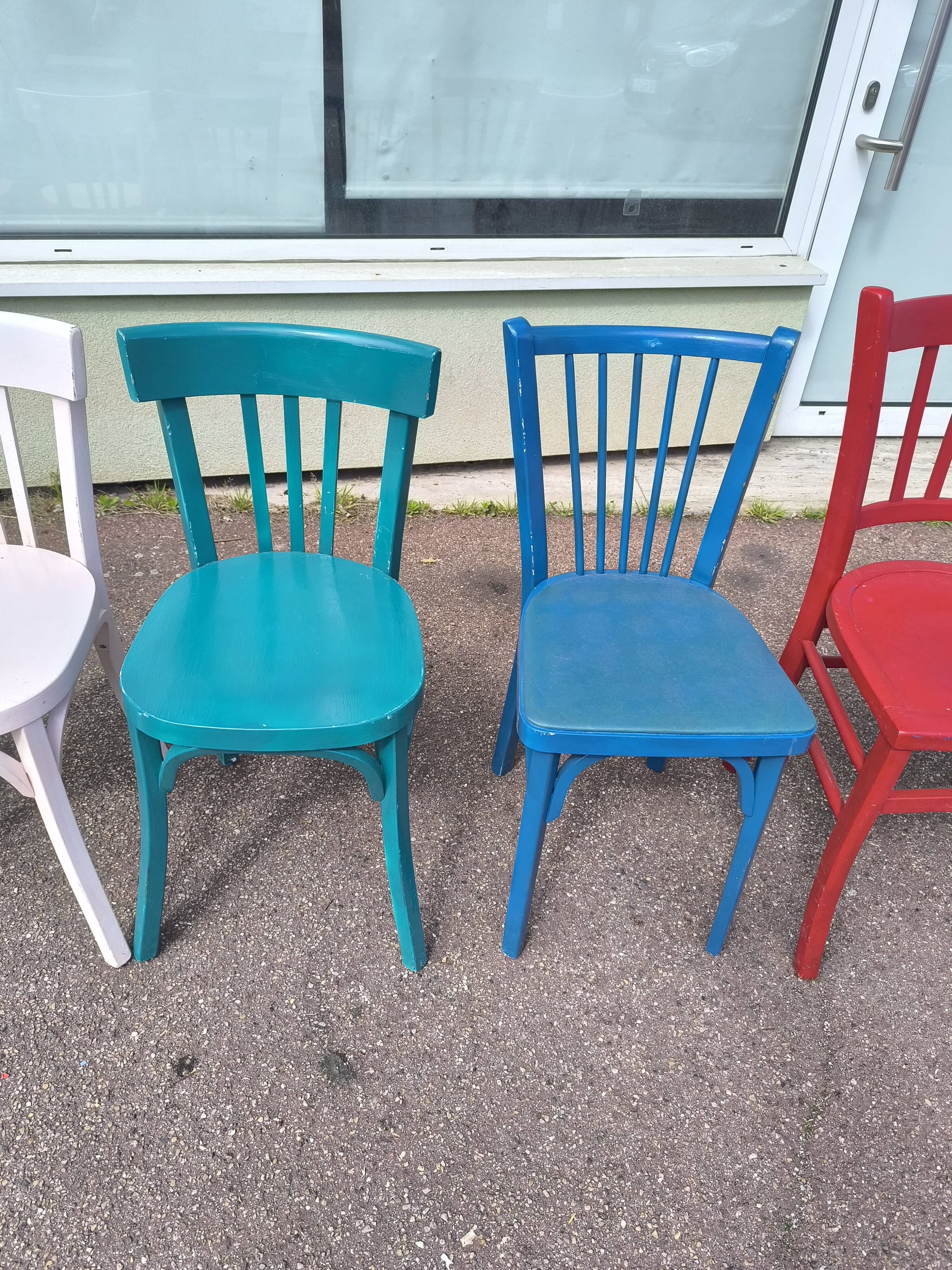 Set of 6 mismatched vintage bistro wooden chairs.