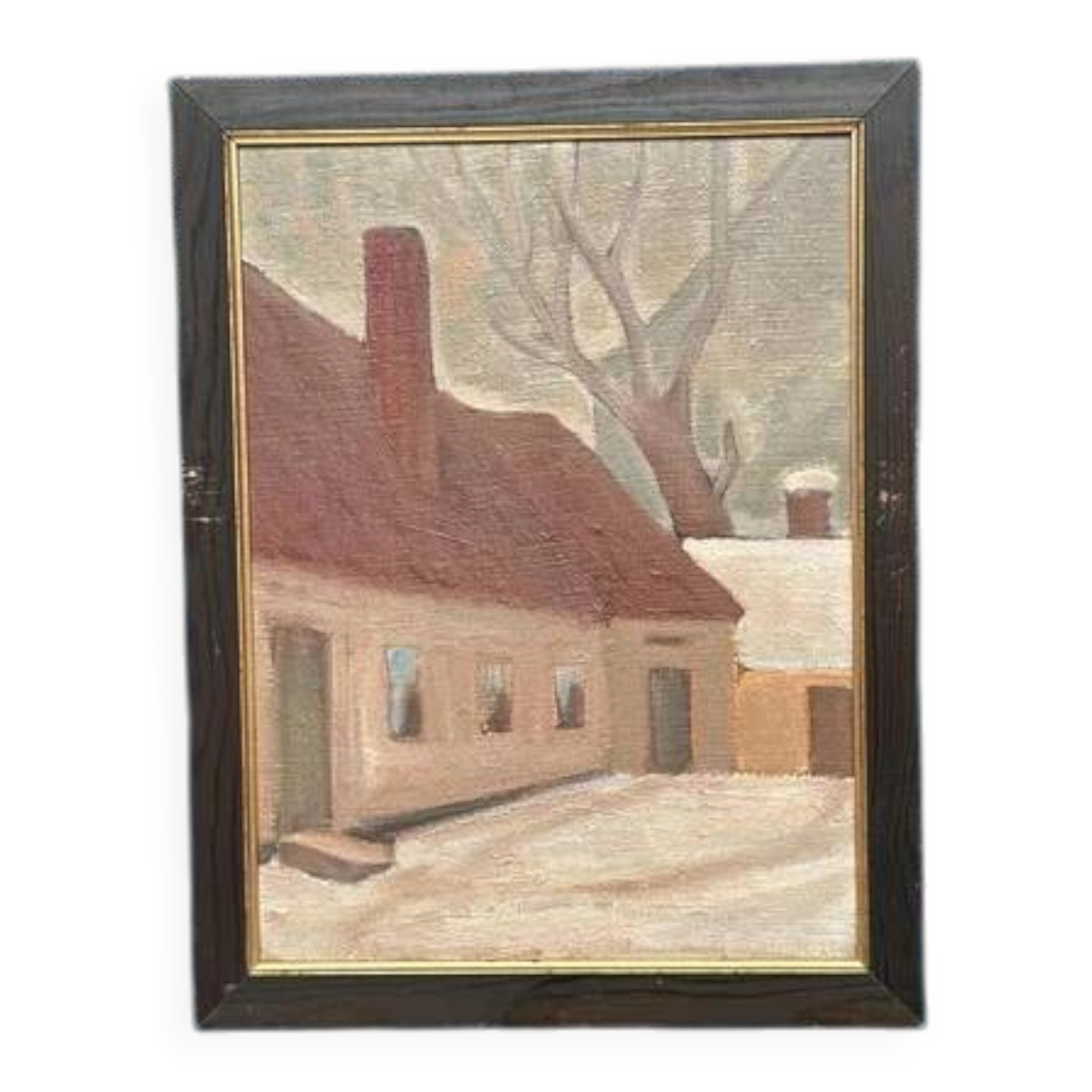 Original Swedish Oil on Canvas “House” by Unknown Artist Vintage & Framed