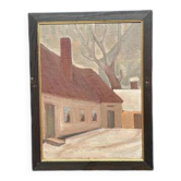 Original Swedish Oil on Canvas “House” by Unknown Artist Vintage & Framed