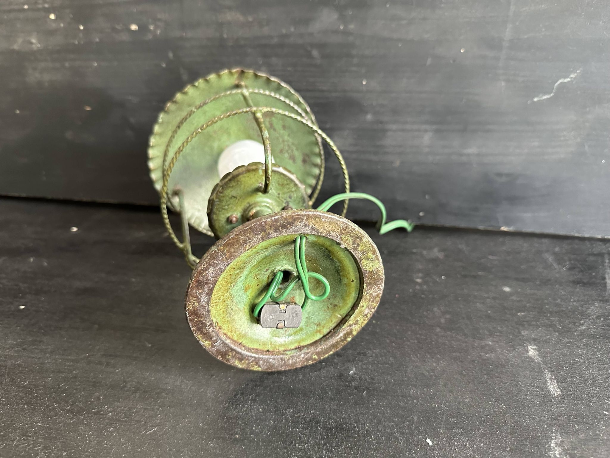 Antique patinated green metal lamp, Art Nouveau style, early 20th century.