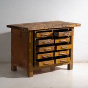 Industrial drawer unit in pine and iron – Central Europe, circa 1950