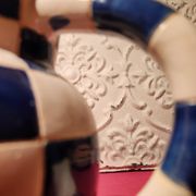 Ceramic jug with blue and white checkered pattern "Lustucru"