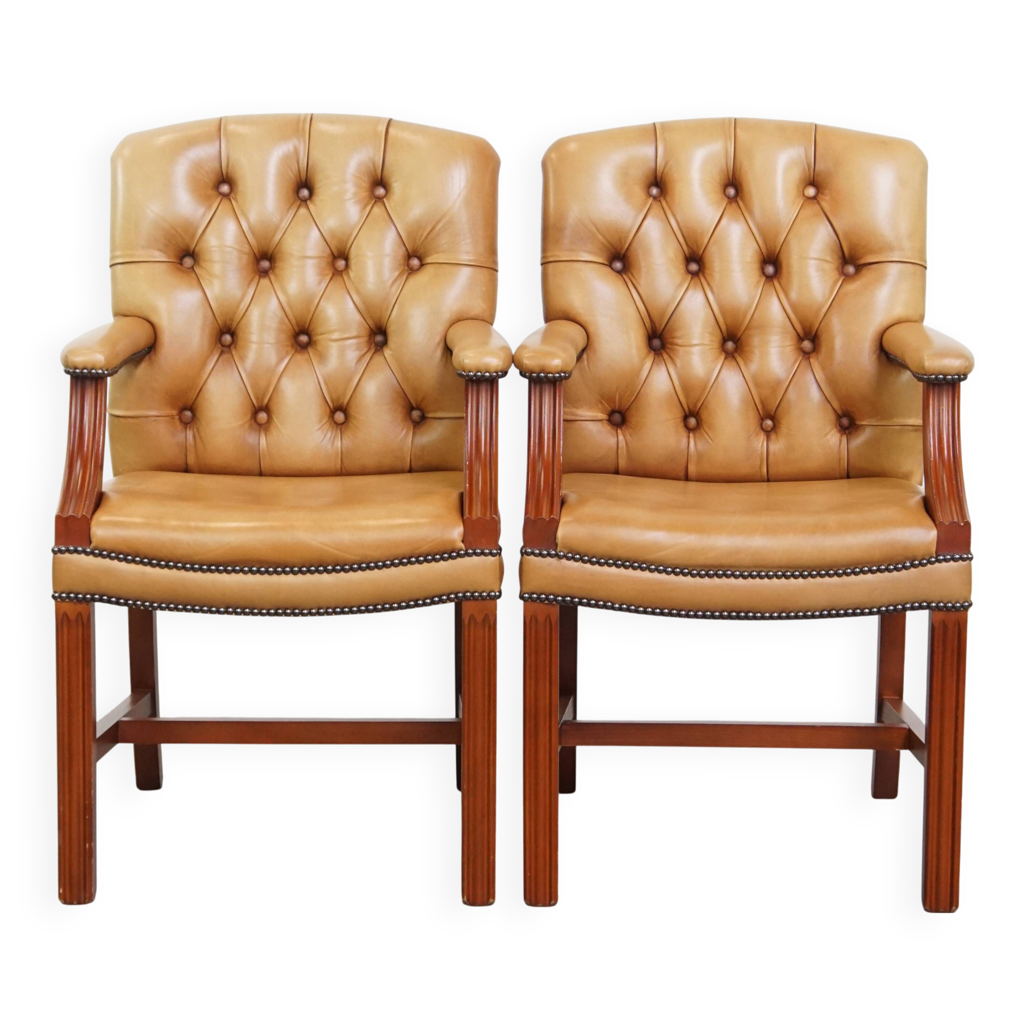 Set of 2 Cowhide Leather Chesterfield Chairs in Light Cognac Color
