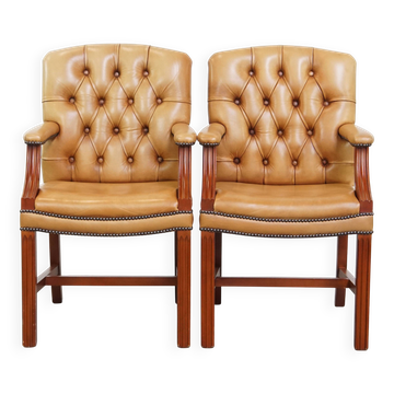 Set of 2 Cowhide Leather Chesterfield Chairs in Light Cognac Color