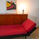 Day Bed sofa in skai, red mottled fabric and black metal 1950
