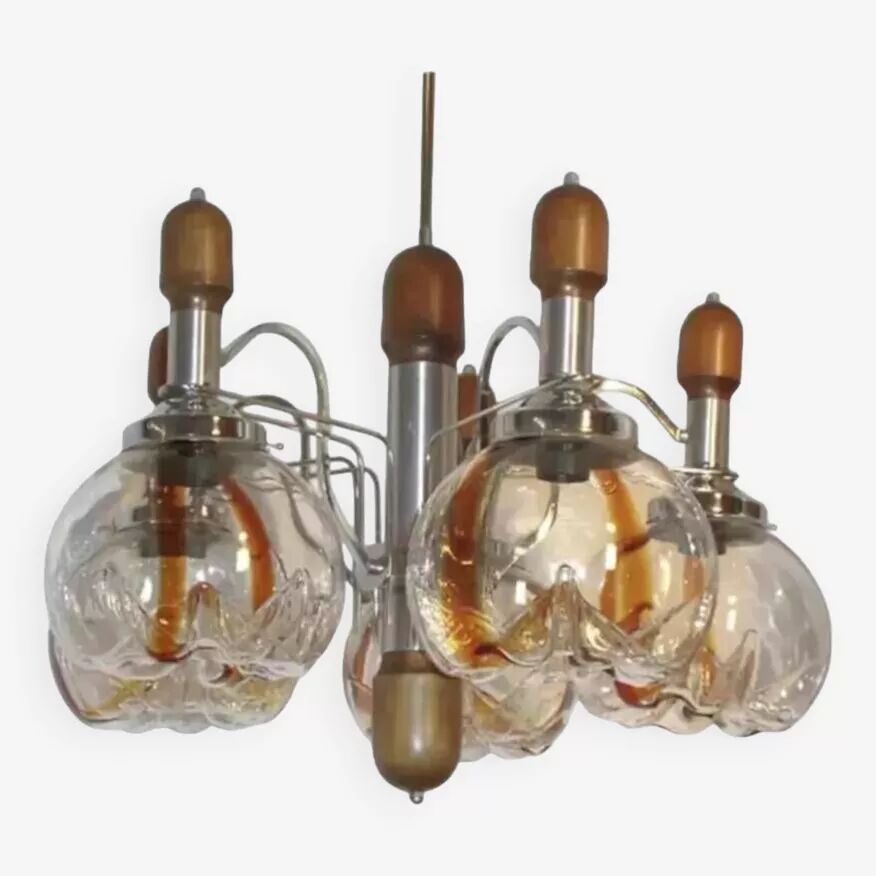 Murano glass chandelier in wood and chrome for Mazzega 60/70