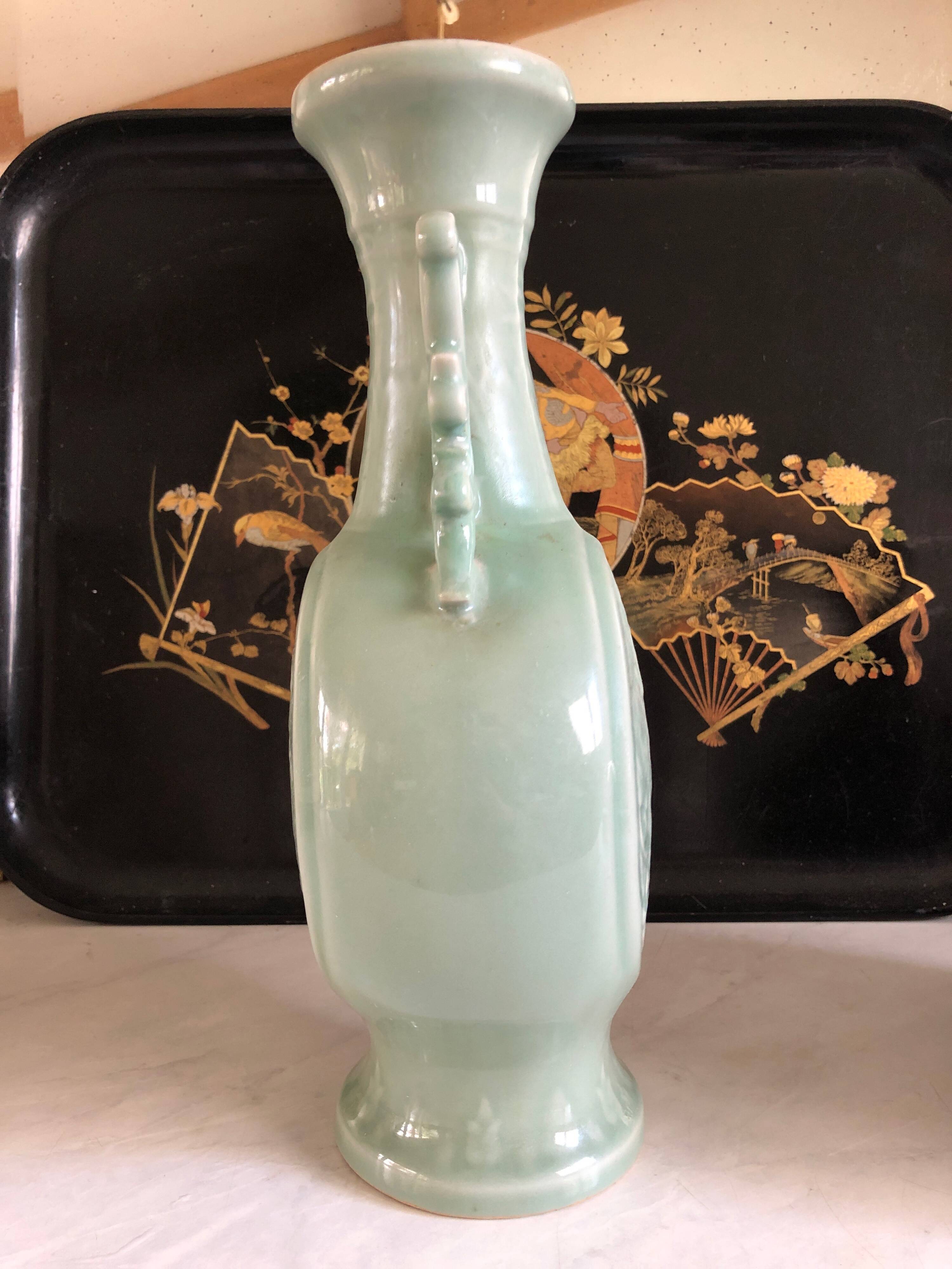 Bianhu Gourd Vase with handles Celadon porcelain/Relief decorations/China Qing dynasty late 19th century