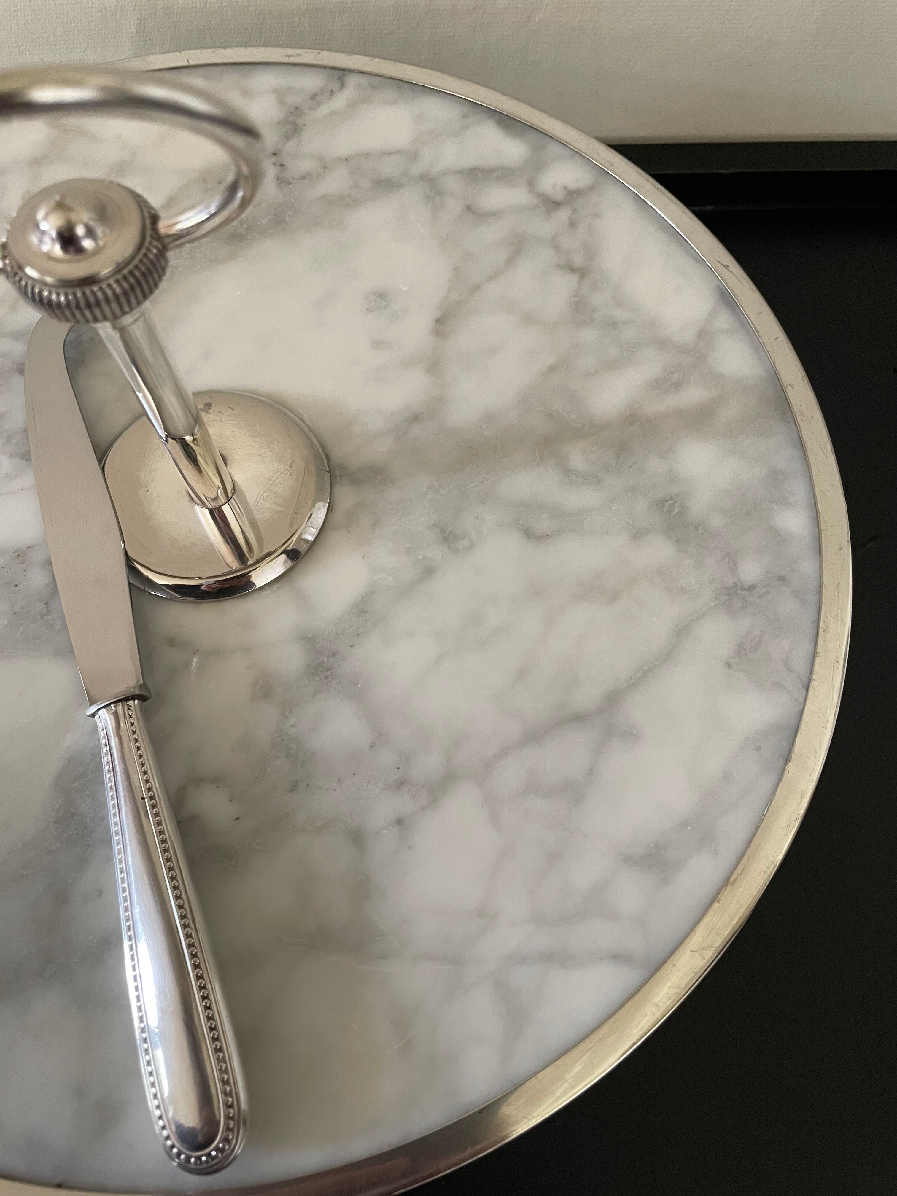 Marble cheese platter and silver metal 1970