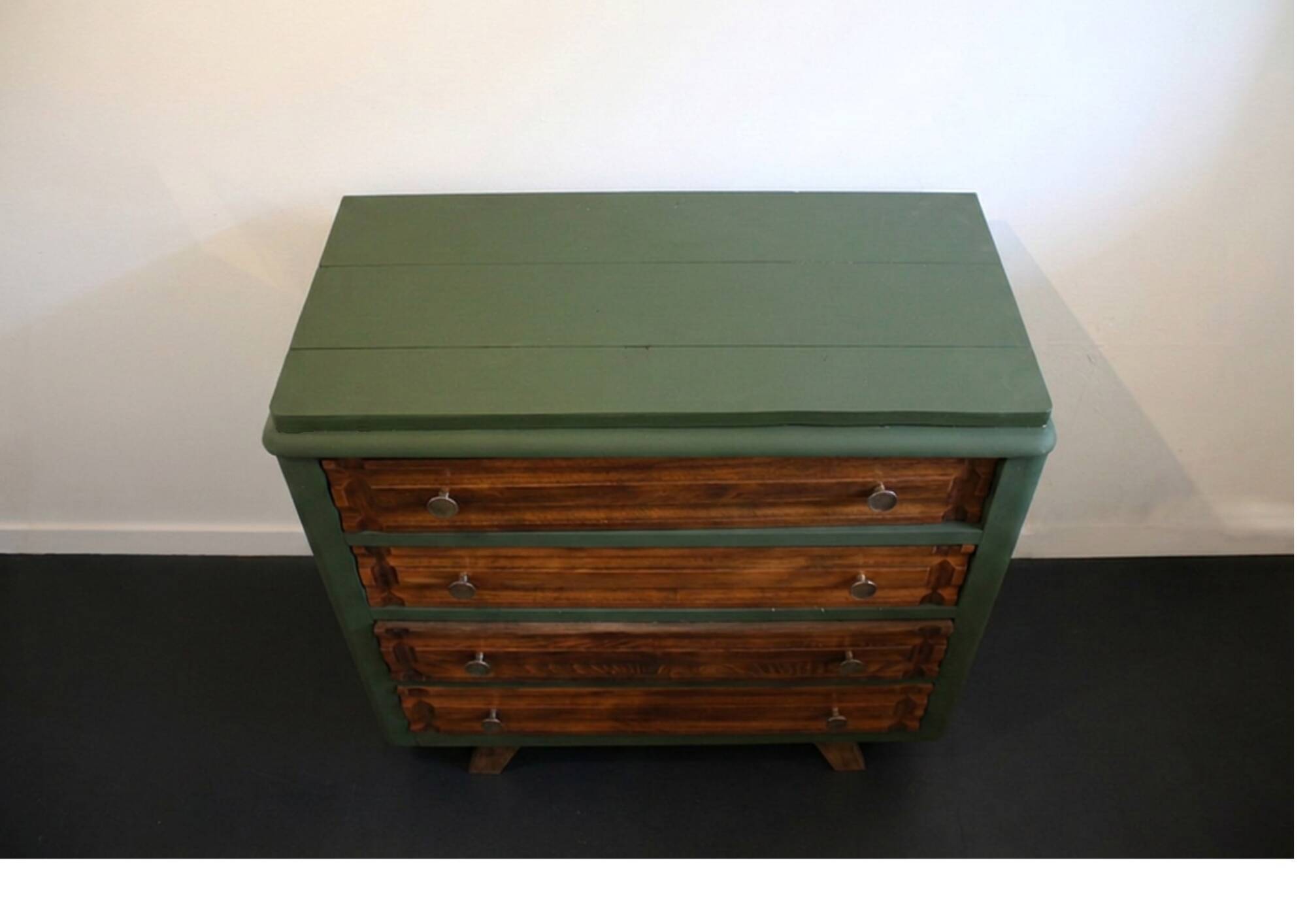 Commode vintage 4 tiroirs verte et bois