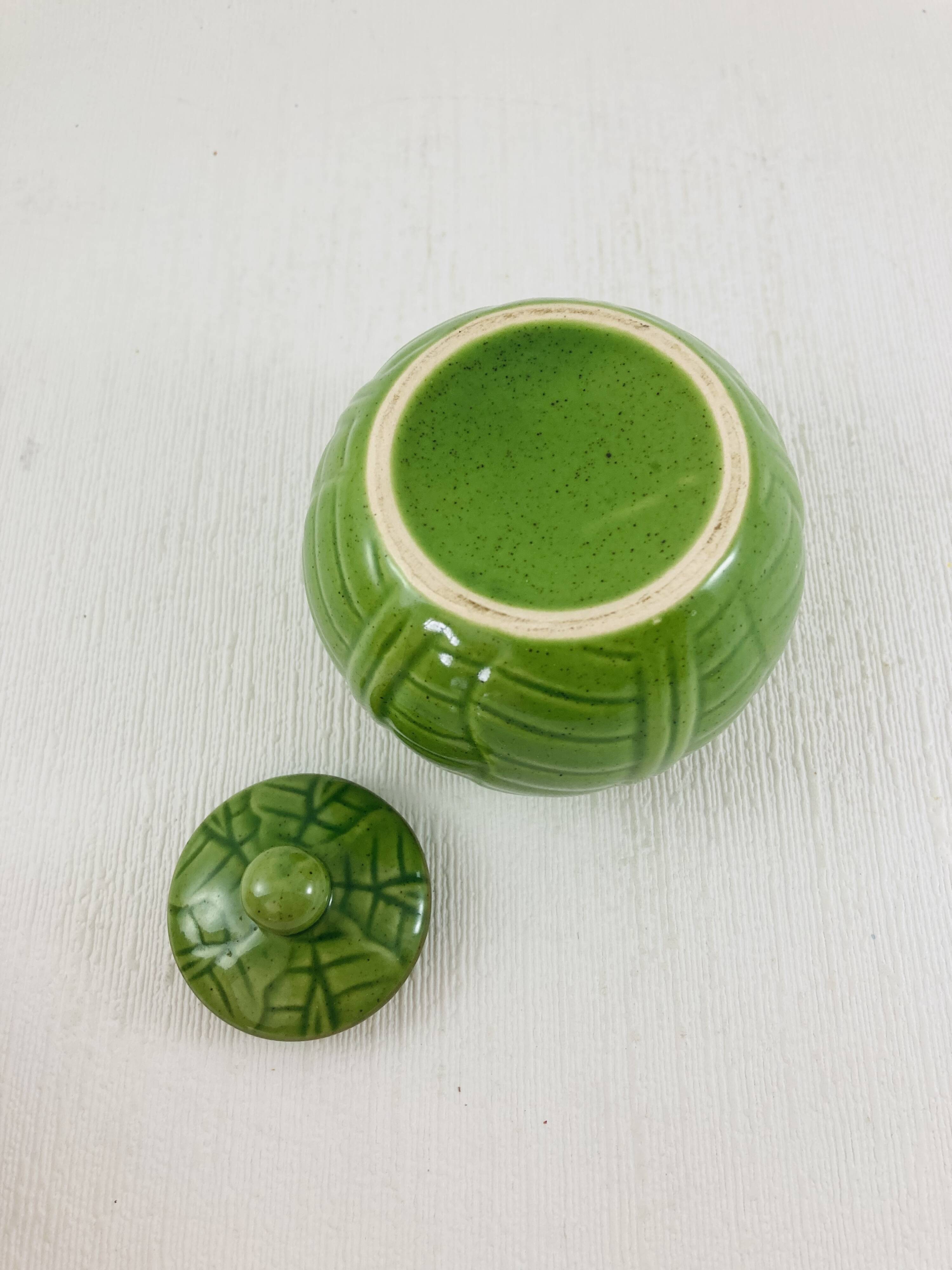 Green earthenware tea set with cabbage pattern, vintage 1970s.