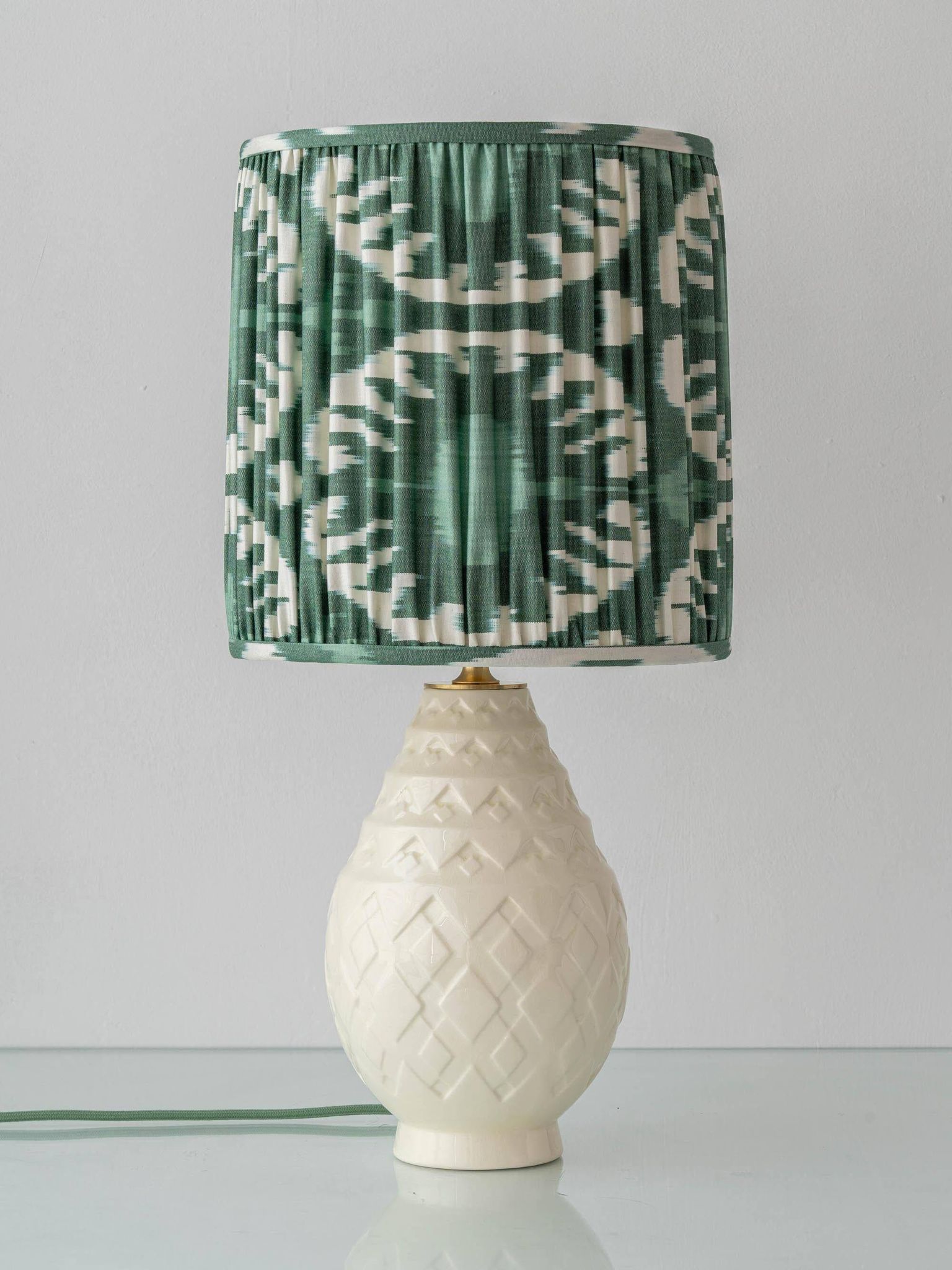 Art Deco table lamp by Charles Catteau for Boch Frères "Pineapple" with new Ikat silk shade.