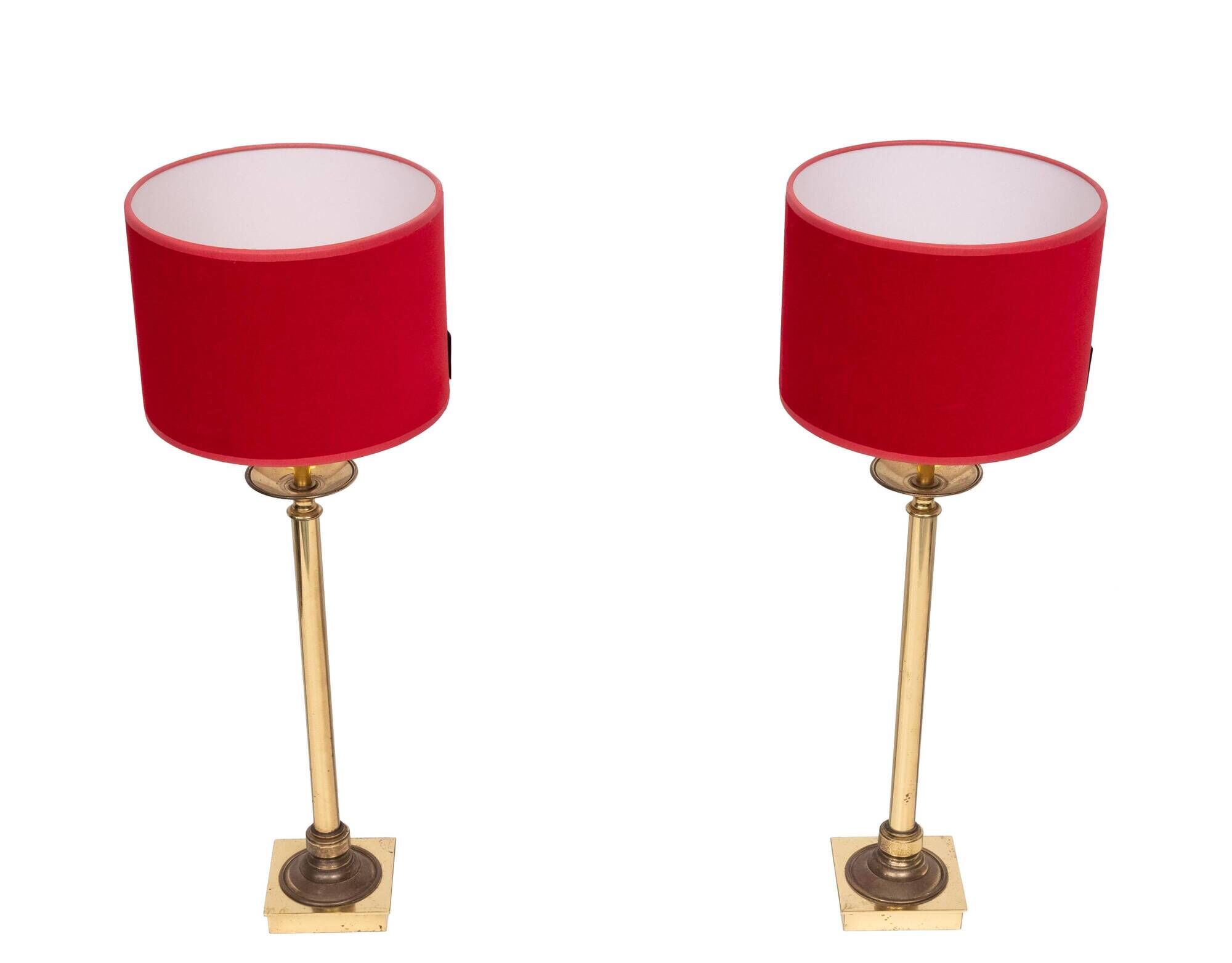 set solid Brass Table lamps Red Velvet shades 1960s France