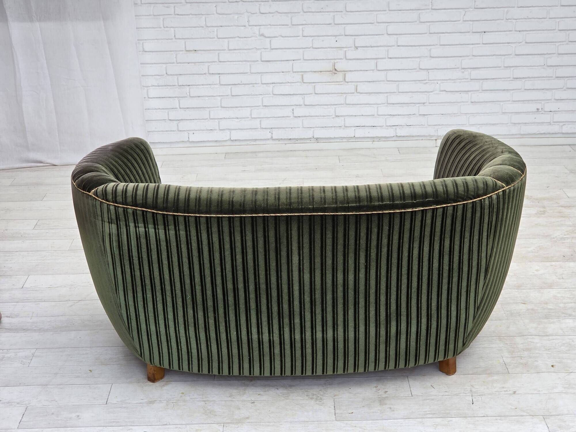 1960s, Danish 2-seater curved sofa, furniture velour, oak wood.