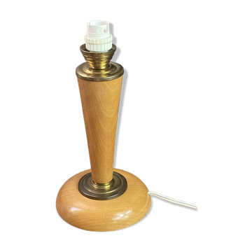 Wood and brass lamp, in the Mazda style.