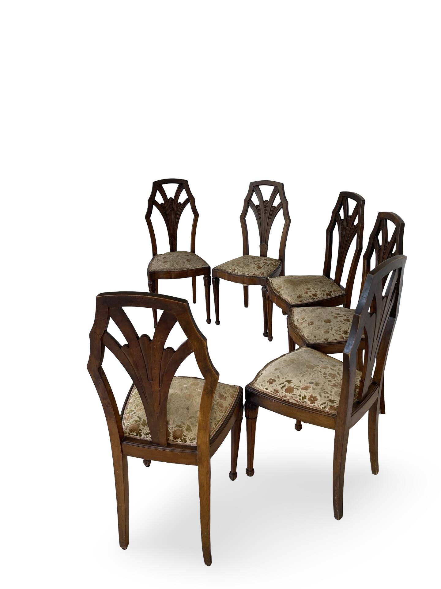 Ensemble de 6 chaises de salle à manger en noyer sculpté Art Déco, années 1920/1930