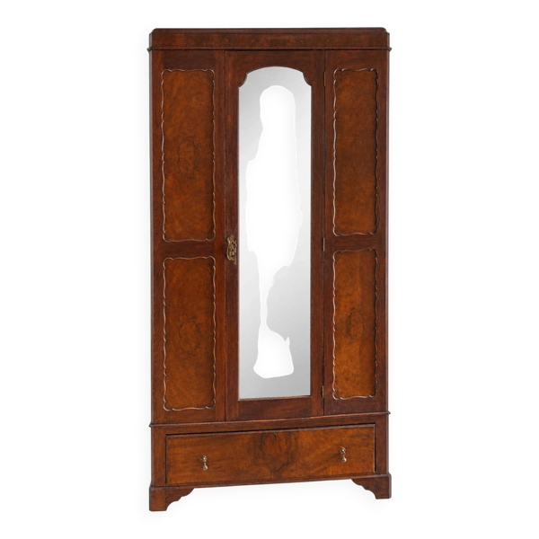 Armoire ancienne en loupe de noyer avec miroir central et grand tiroir