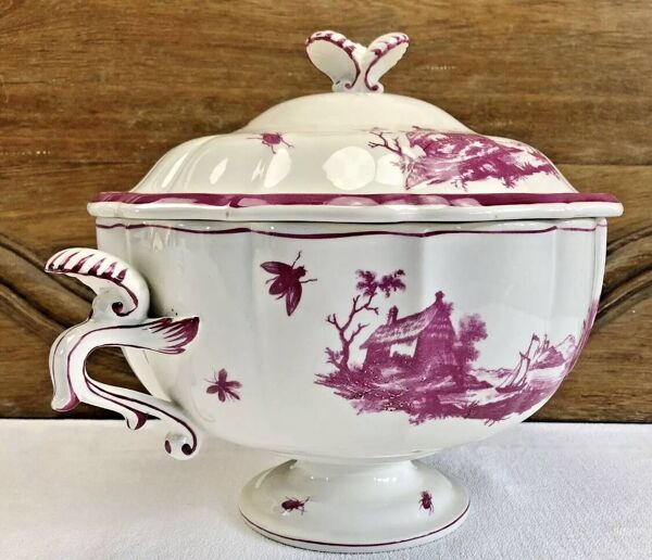 Ancienne grosse soupière légumier Gien modèle paysage rose 1938/1960