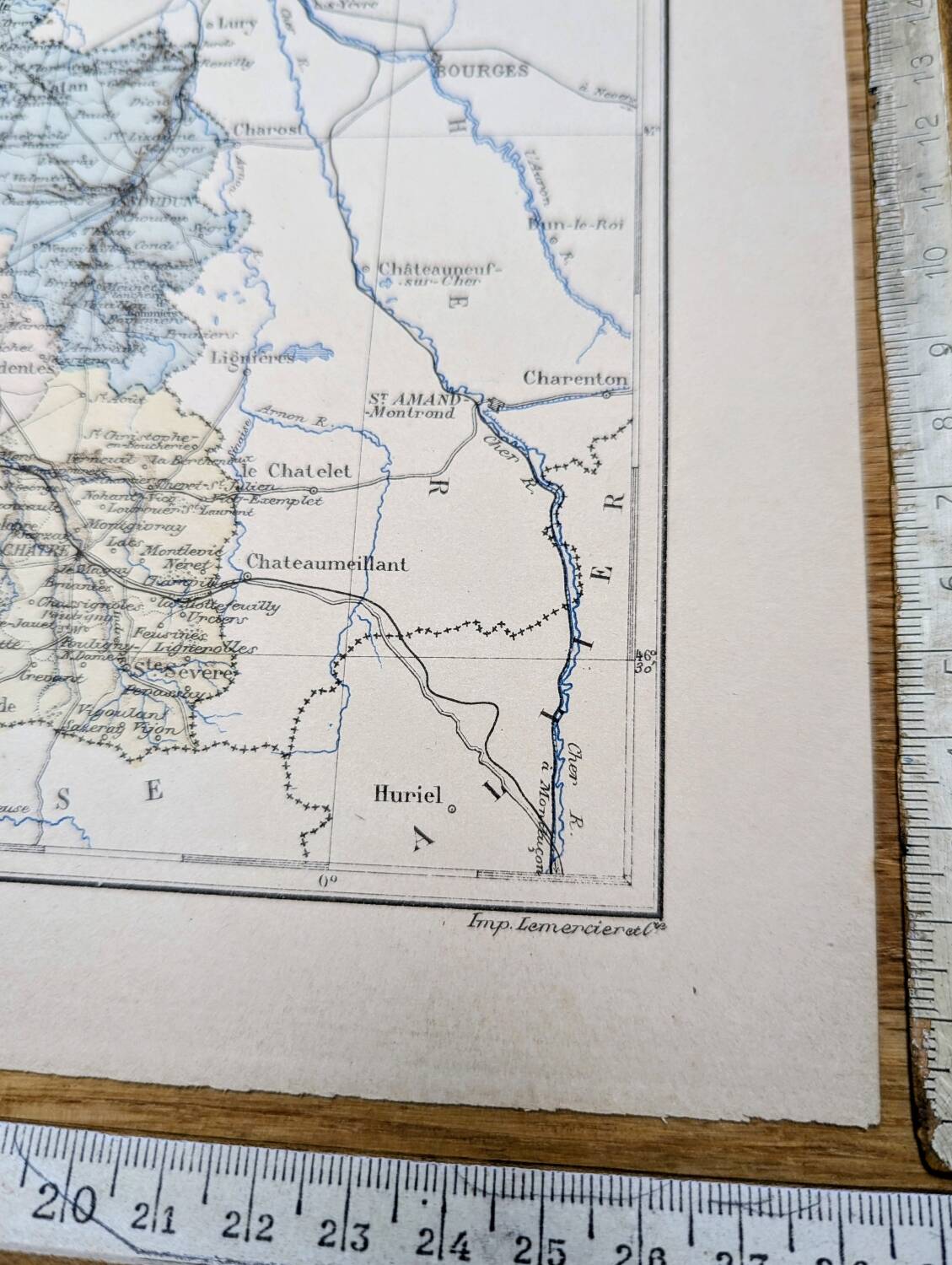 Map of Indre, printed in 1889. Authentic Vintage.