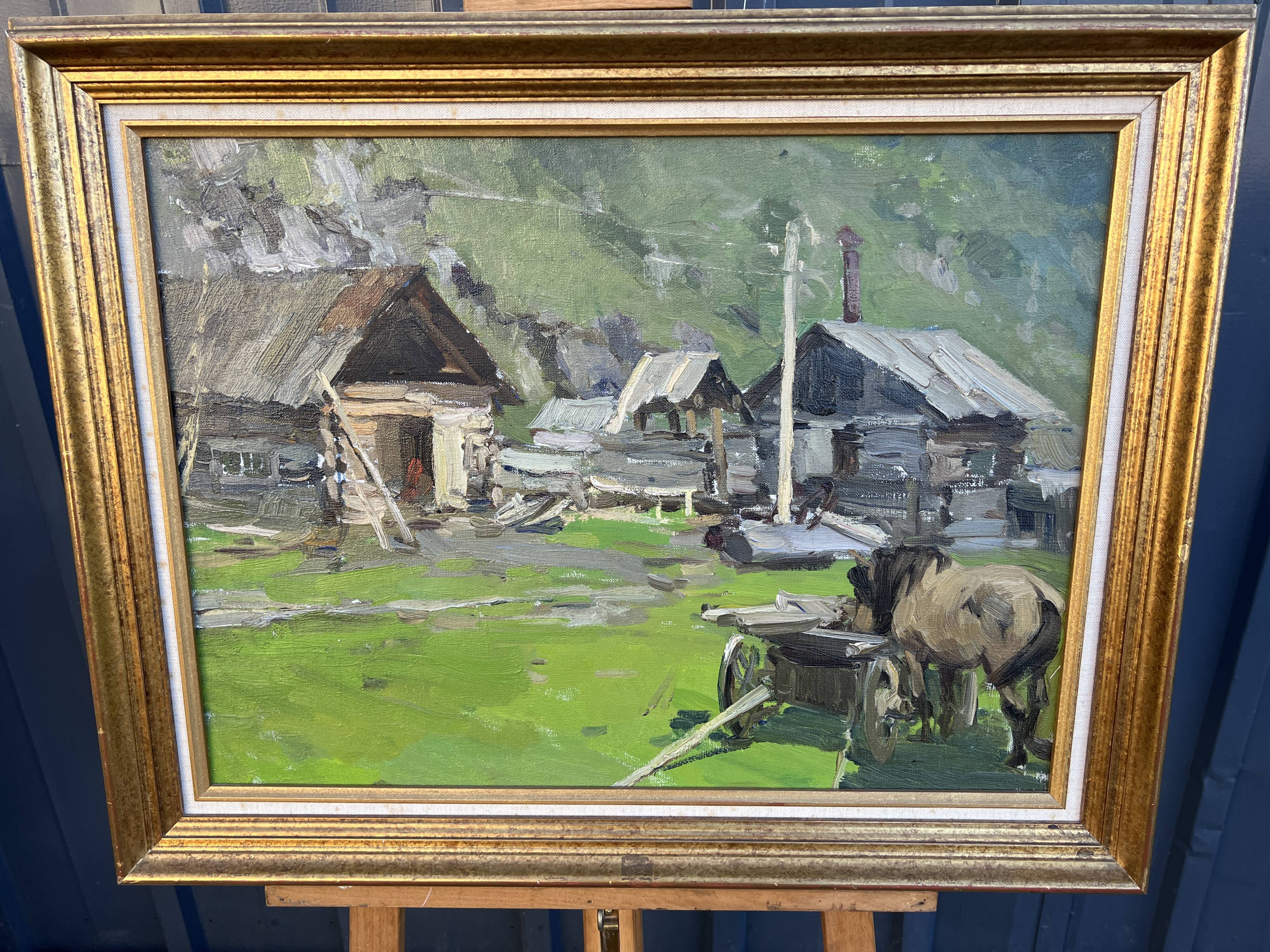 Oil-on-canvas painting The Blacksmith's Workshop 1956 signed by Fomine