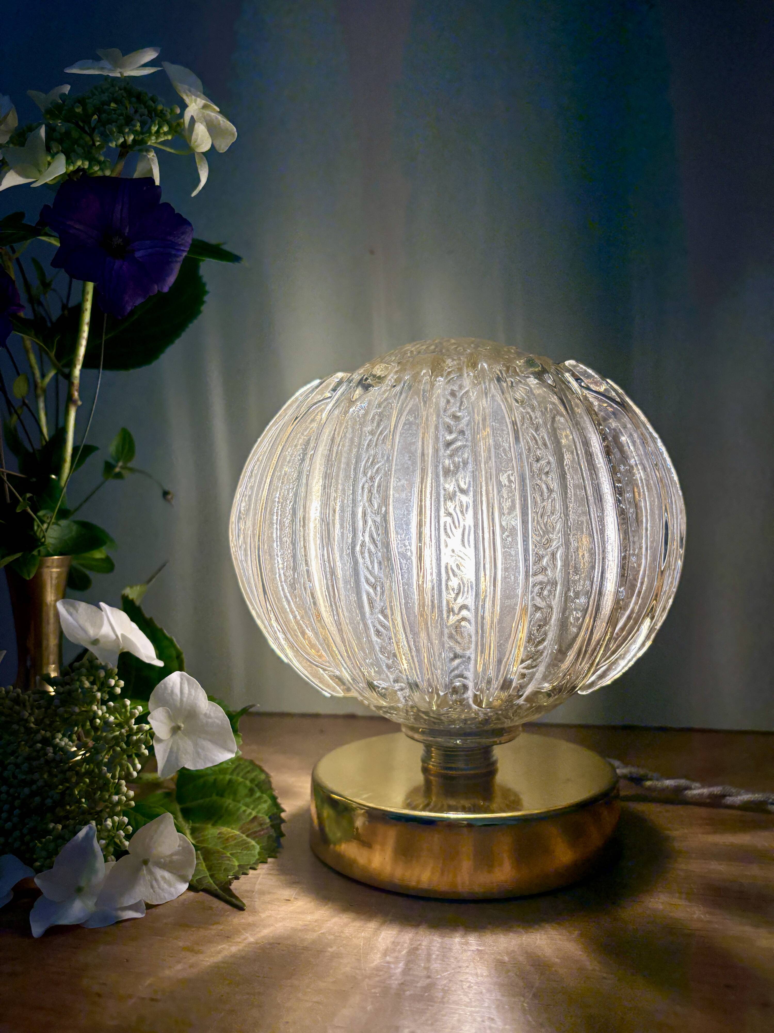 Vintage globe table lamp in half amber, half transparent molded glass
