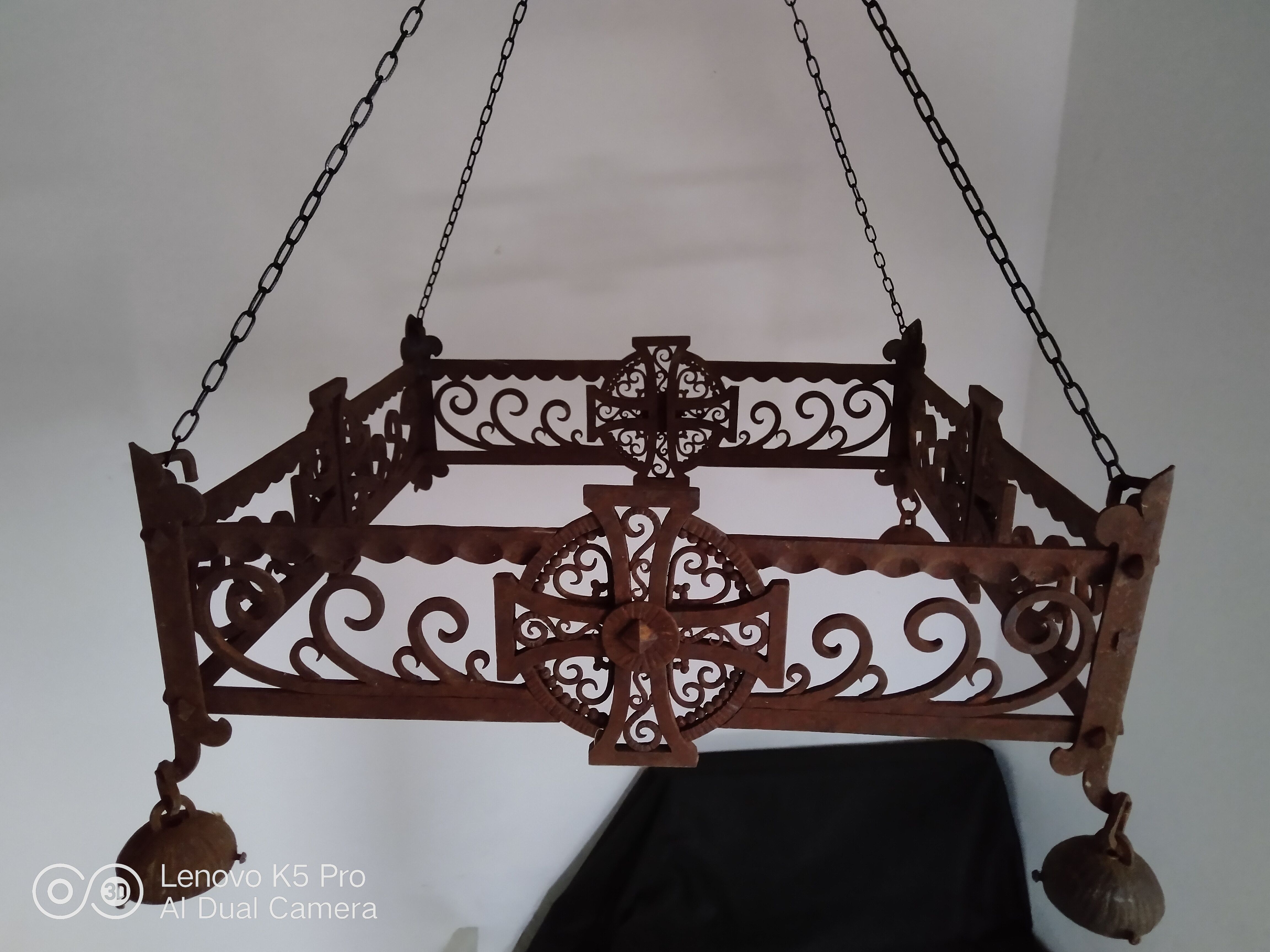 Pair of chandeliers suspensions in cast iron and 19th century wrought iron