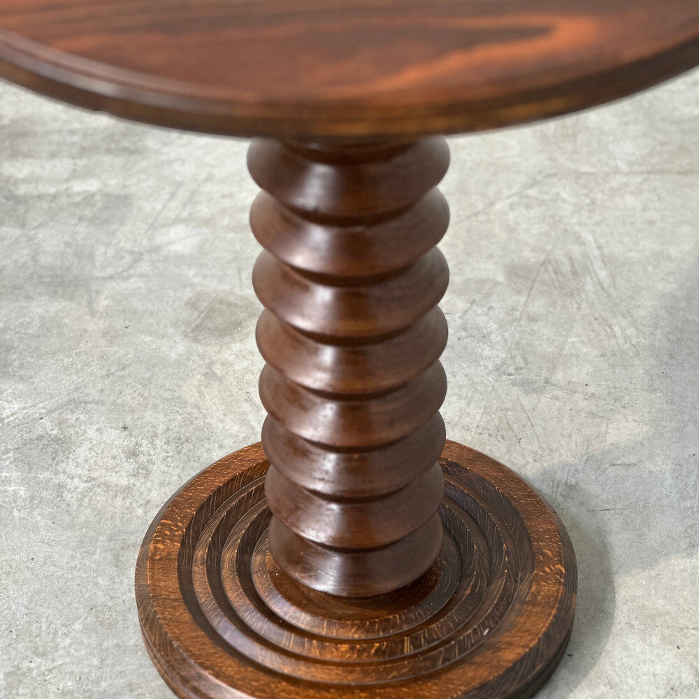 French sculptural turned oak pedestal side table, 1960s