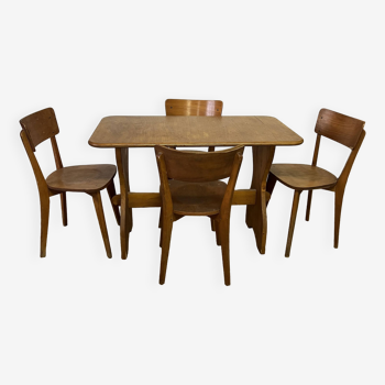 Vintage wooden table and 4 chairs set