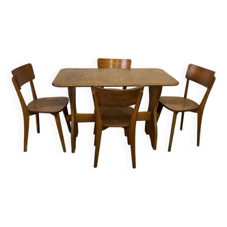 Vintage wooden table and 4 chairs set