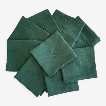 Ensemble de 8 serviettes vert sapin monogrammées EH - 65x61cm - lin
