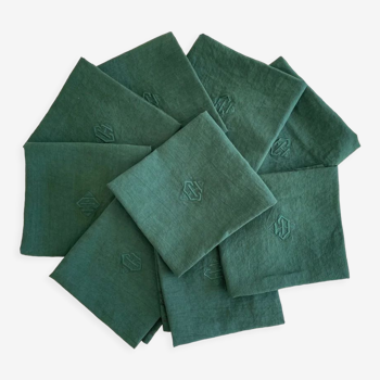 Set of 8 monogrammed fir green towels EH - 65x61cm - linen