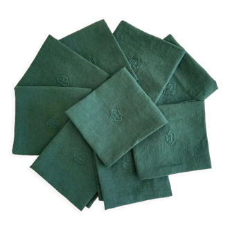 Set of 8 monogrammed fir green towels EH - 65x61cm - linen