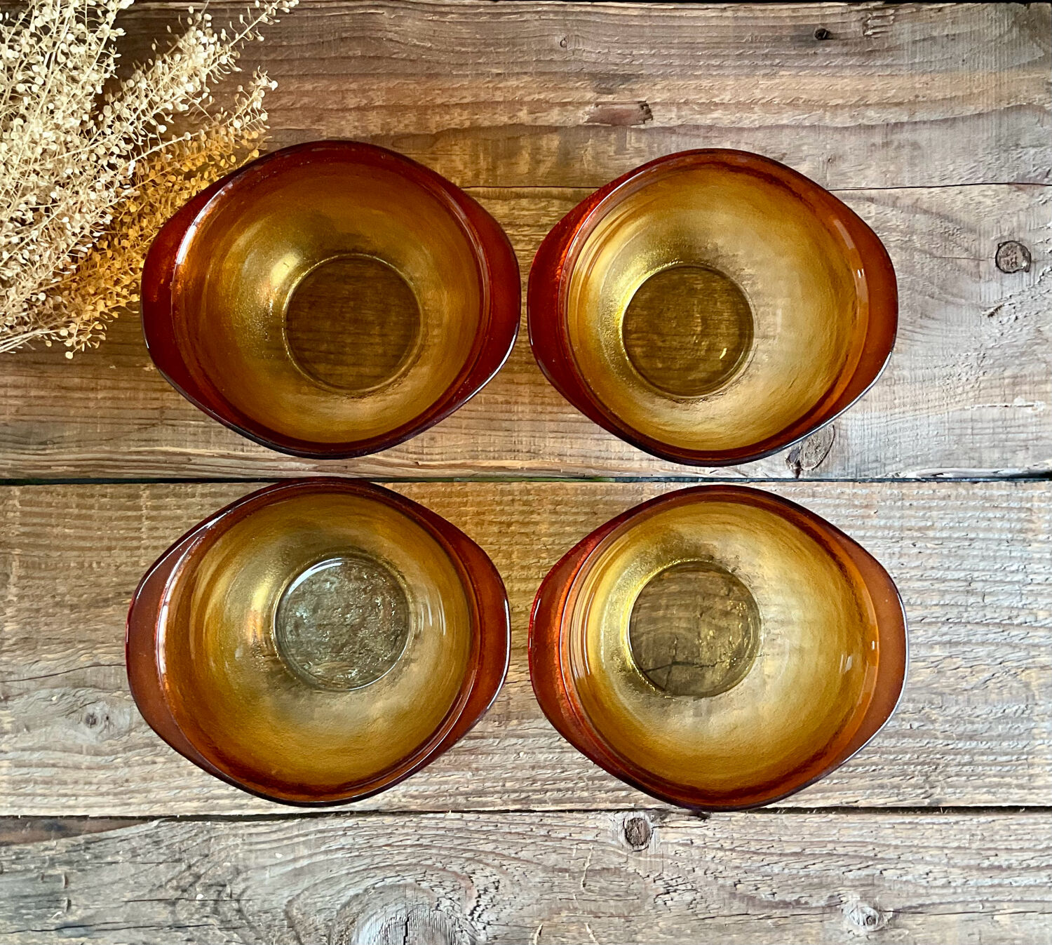4 amber glass ear bowls