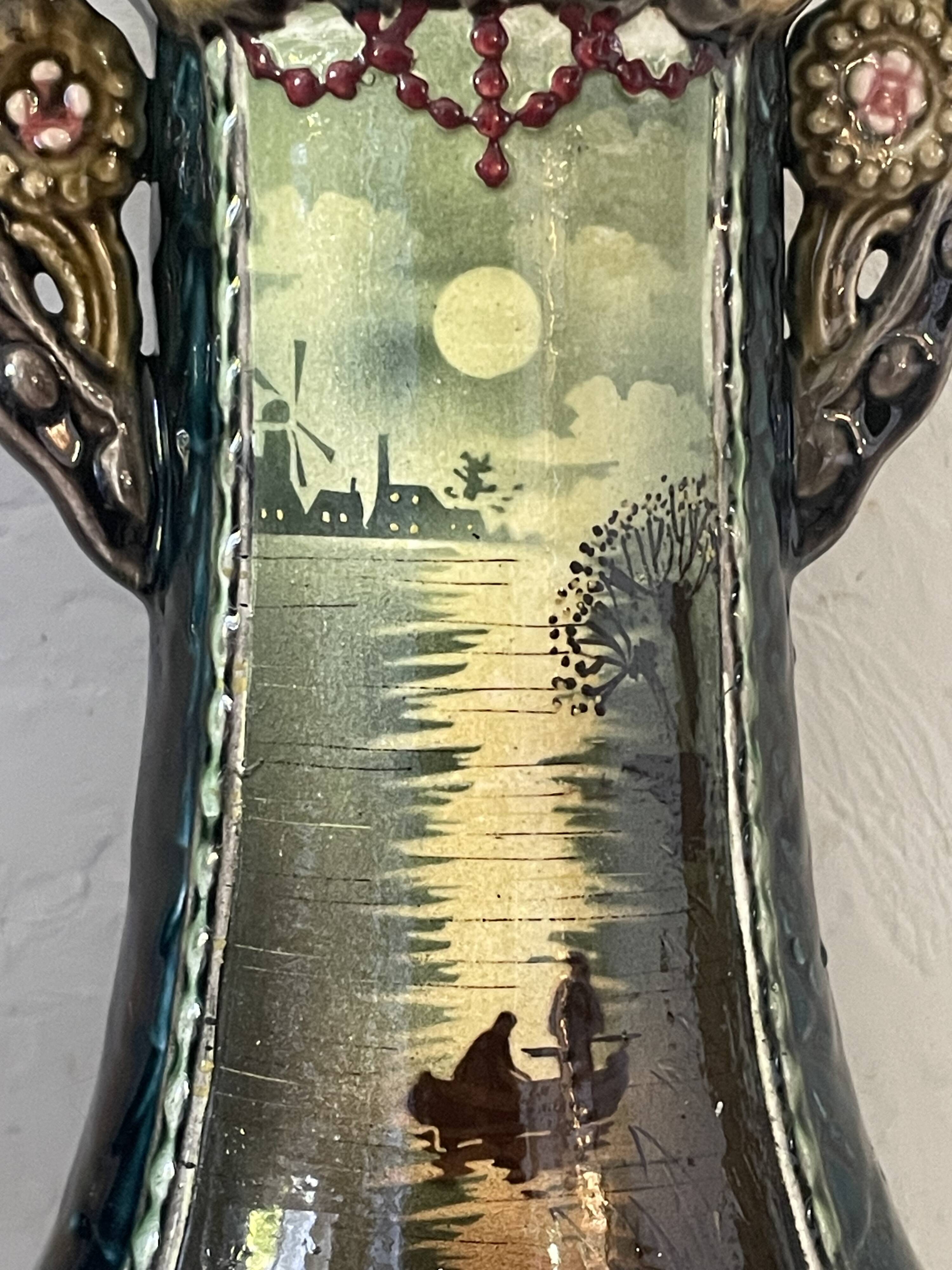 Pair of Art Nouveau slipware vases, hand-painted decoration.