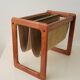 Vildbjerg magazine rack, Danish Mid Century Modern magazine rack in teak and suede
