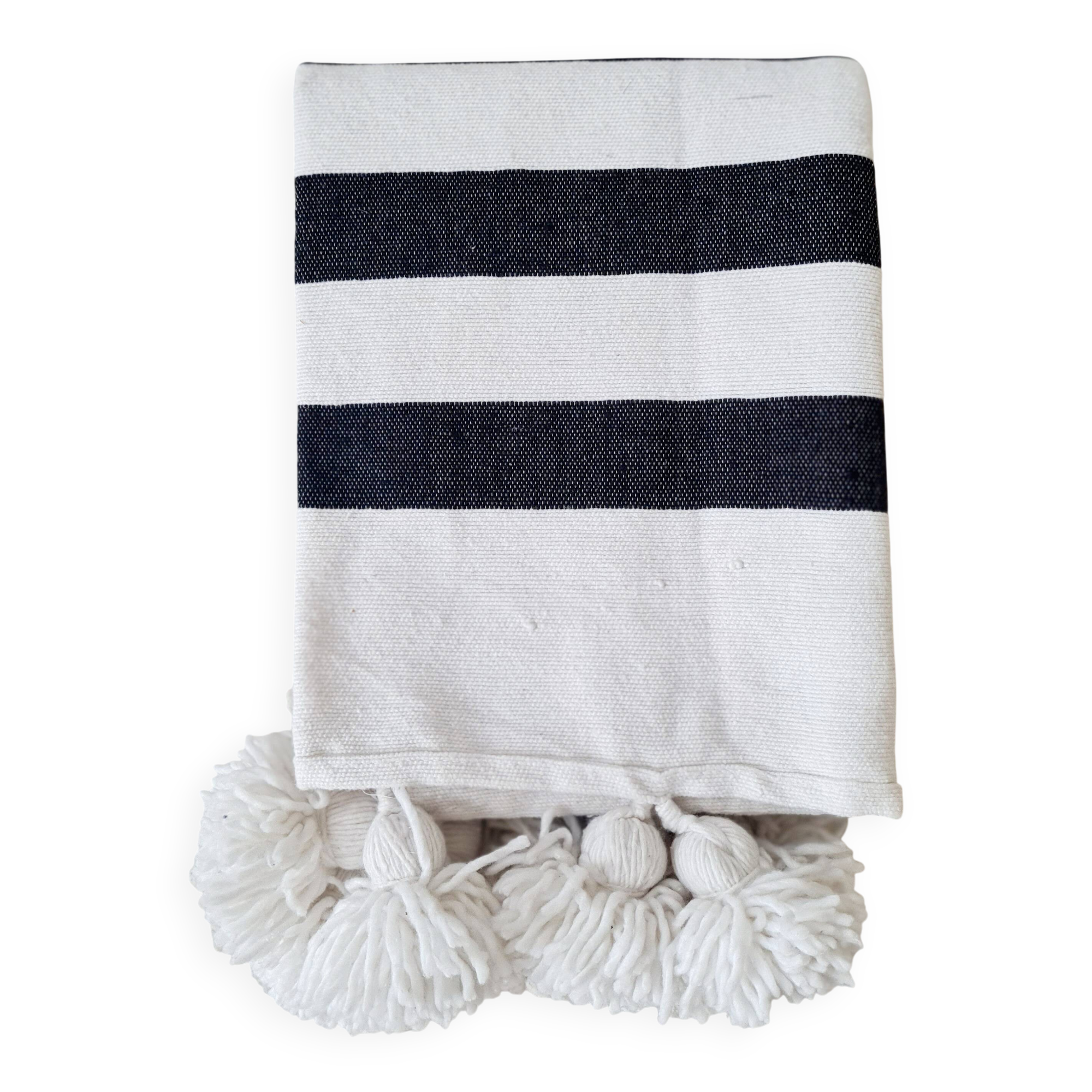 Plaid tissé main rayures noires pompons blancs