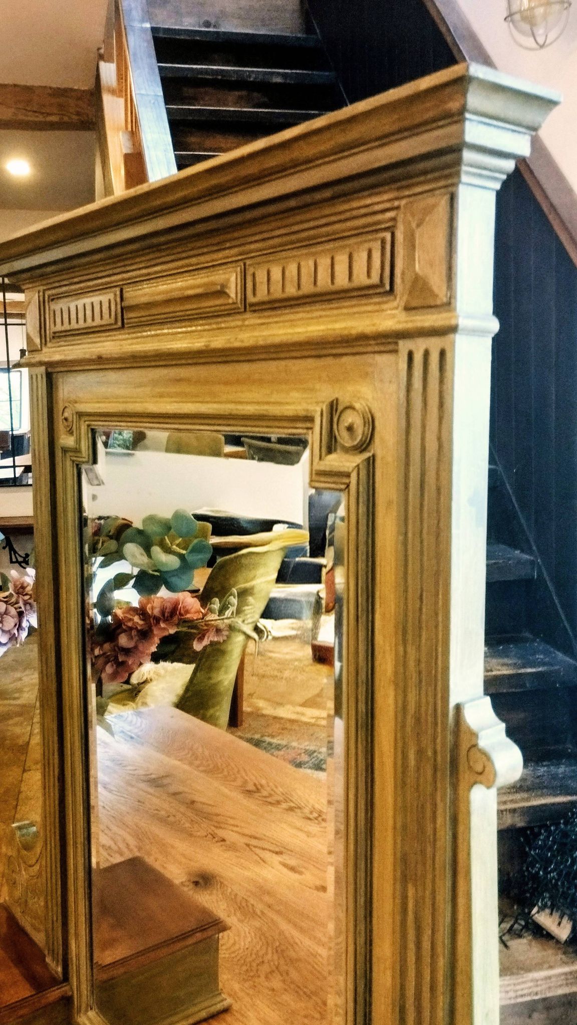 Antique bevelled mirror Farrow and Ball "Green Bancha"