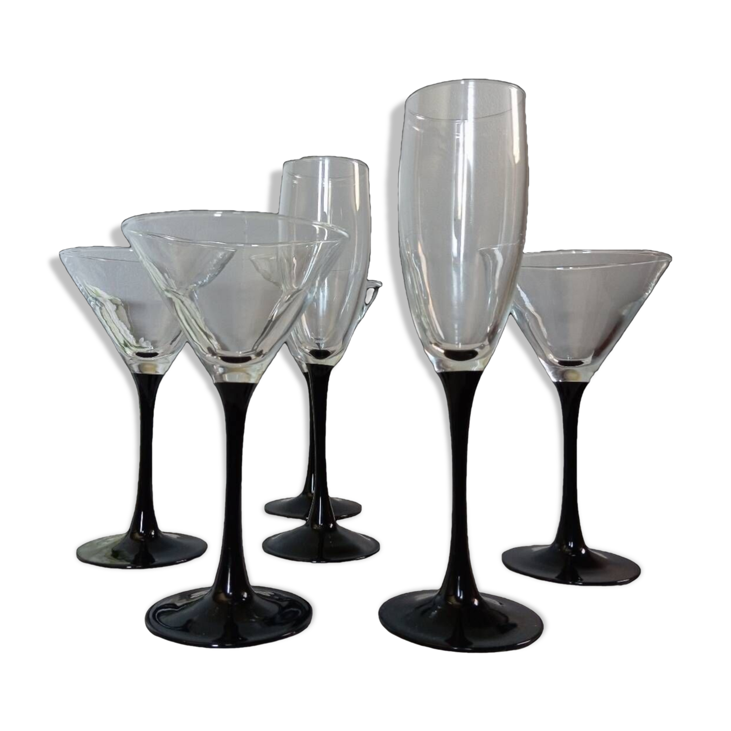 6 shiny black stemmed glasses domino collection by Luminarc, vintage 1980