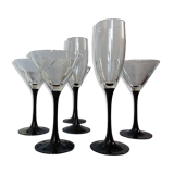 6 shiny black stemmed glasses domino collection by Luminarc, vintage 1980