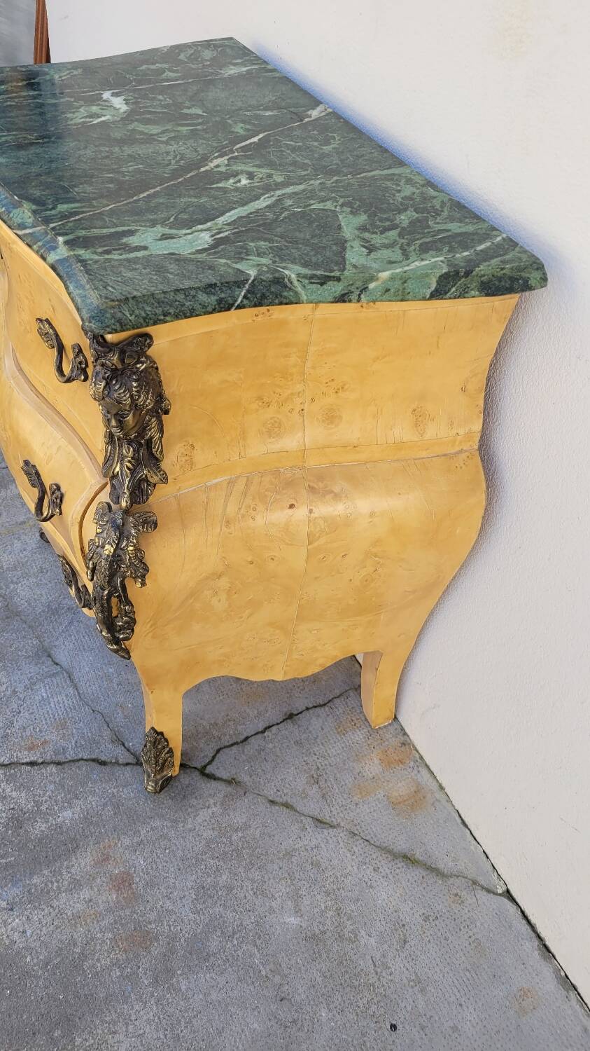 Curved Louis XV style chest of drawers in elm burl and bronze marquetry