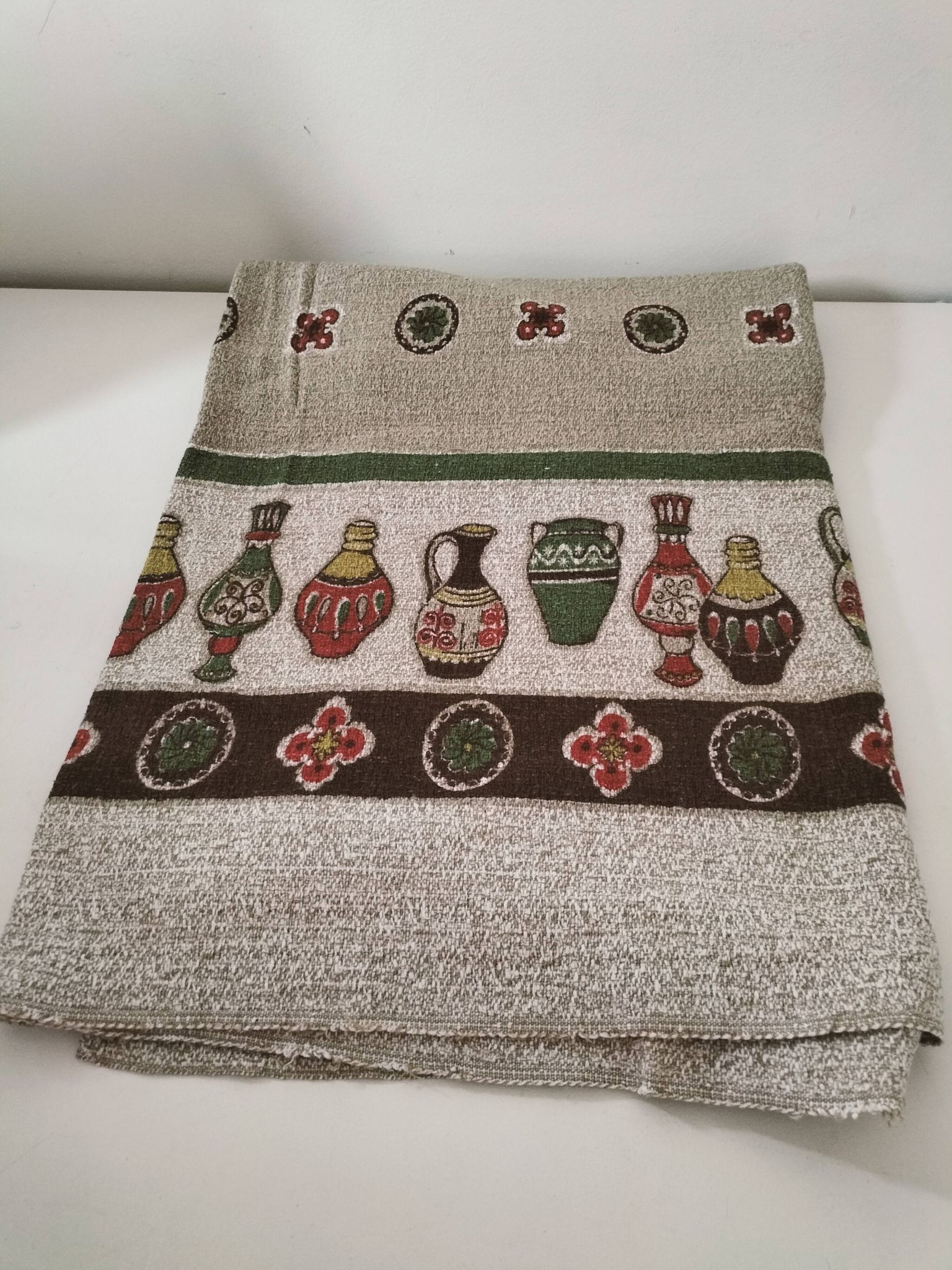 Vintage tablecloth with stylized pottery design, 1960s-70s