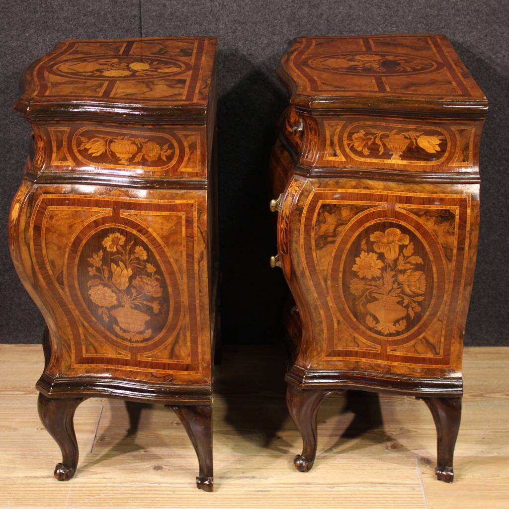 Pair of Louis XV style inlaid Lombard bedside tables